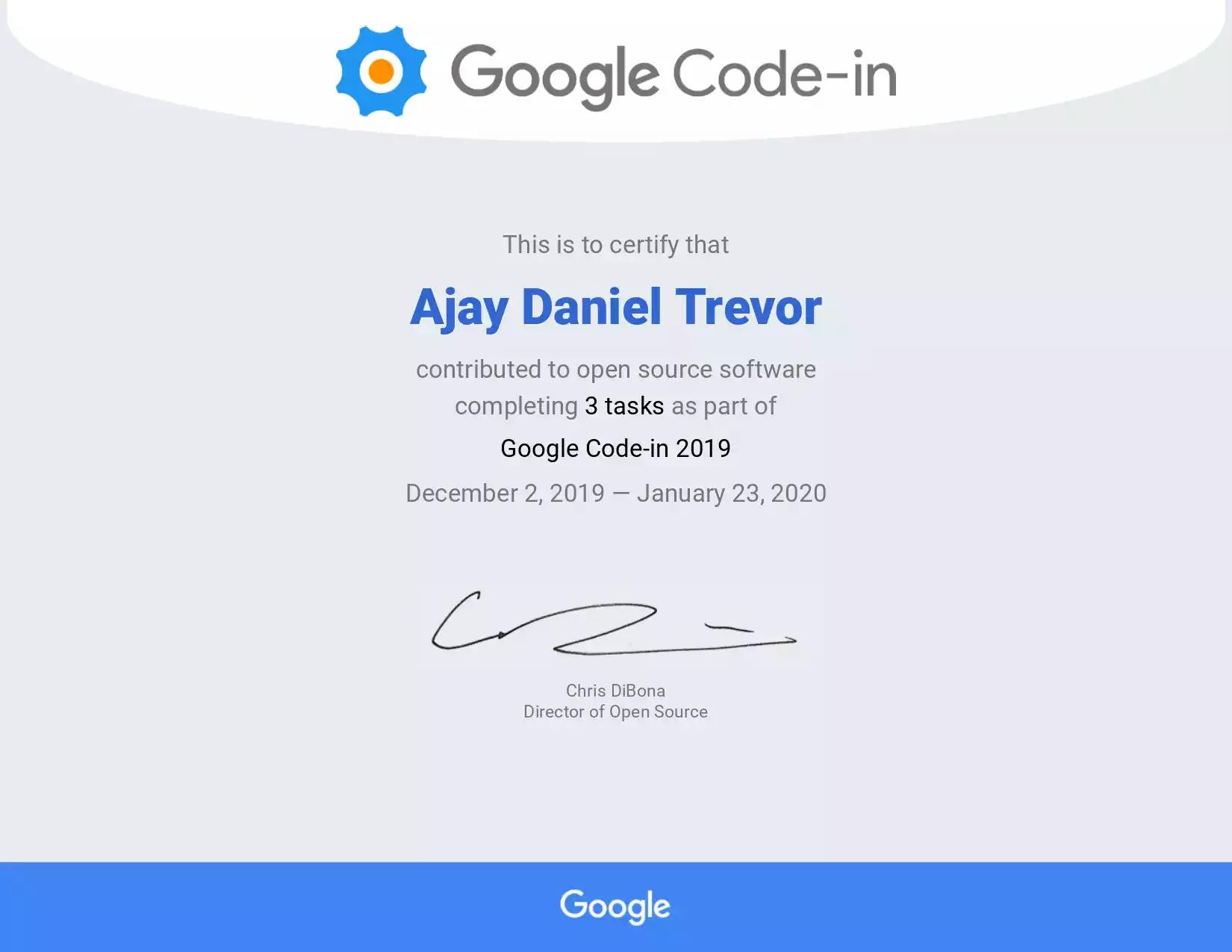 Google Code-in Certificate